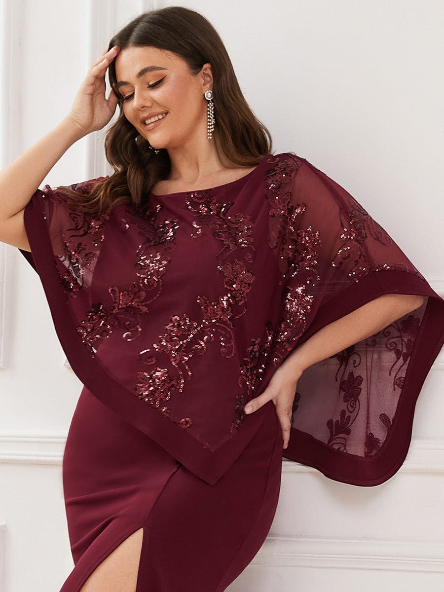 Lace Sequin Shirt Bodycon Floor-Length Mother Dress #color_Burgundy