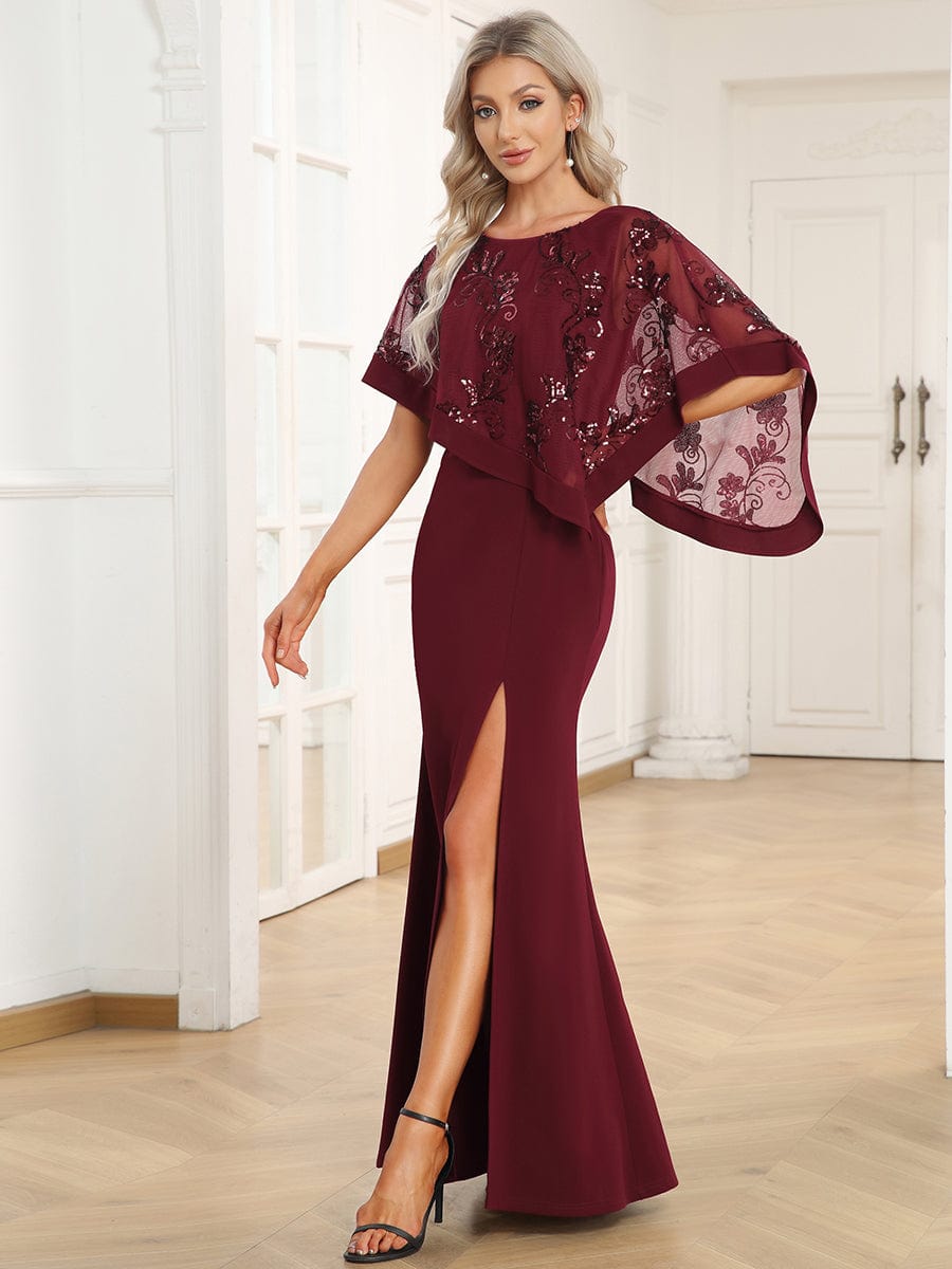 Lace Sequin Shirt Bodycon Floor-Length Mother Dress #color_Burgundy