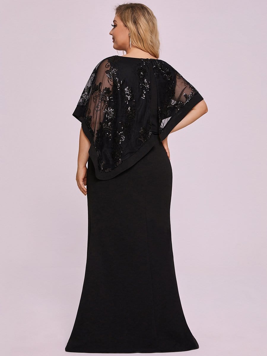 Plus Size Elegant Round Neck Bodycon Floor-Length Buttock Mother Dress #color_Black