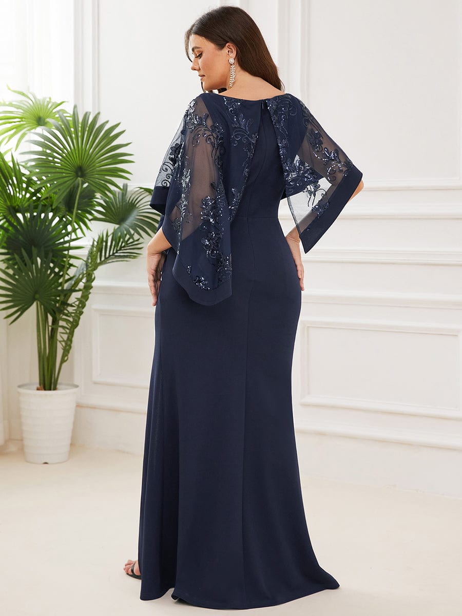 Plus Size Elegant Round Neck Bodycon Floor-Length Buttock Mother Dress #color_Navy Blue