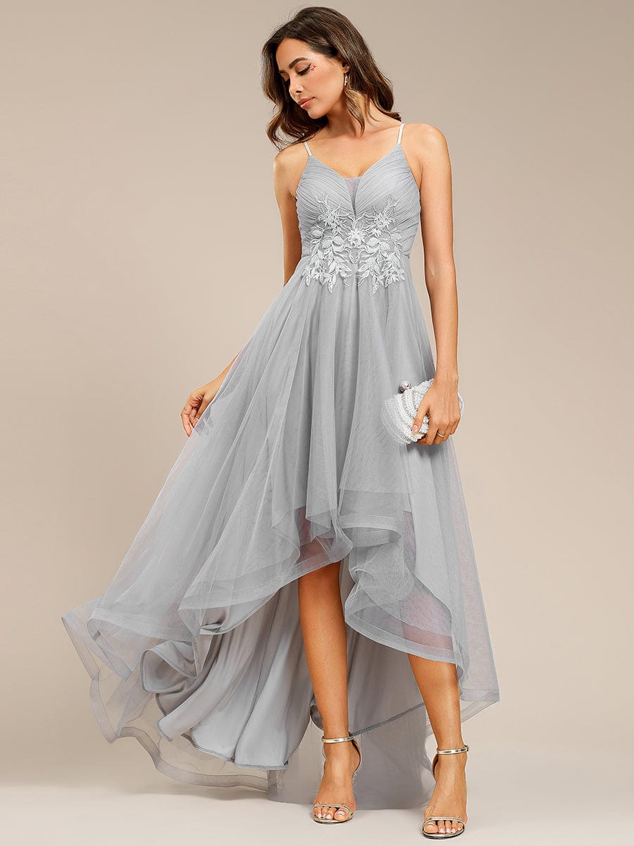 Stylish Floral Embroidered Waist High-Low Prom Dress #color_Grey