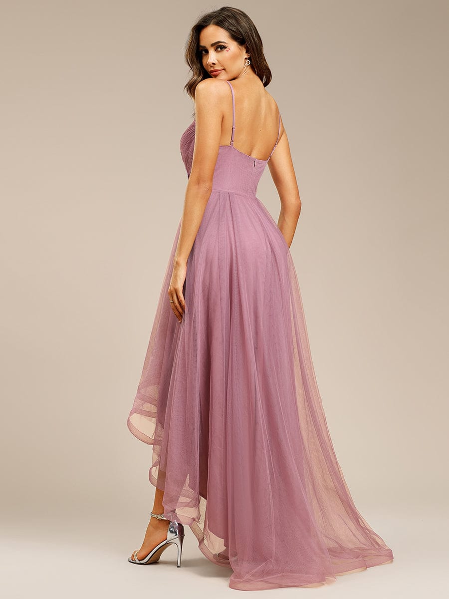 Stylish Floral Embroidered Waist High-Low Prom Dress #color_Purple Orchid
