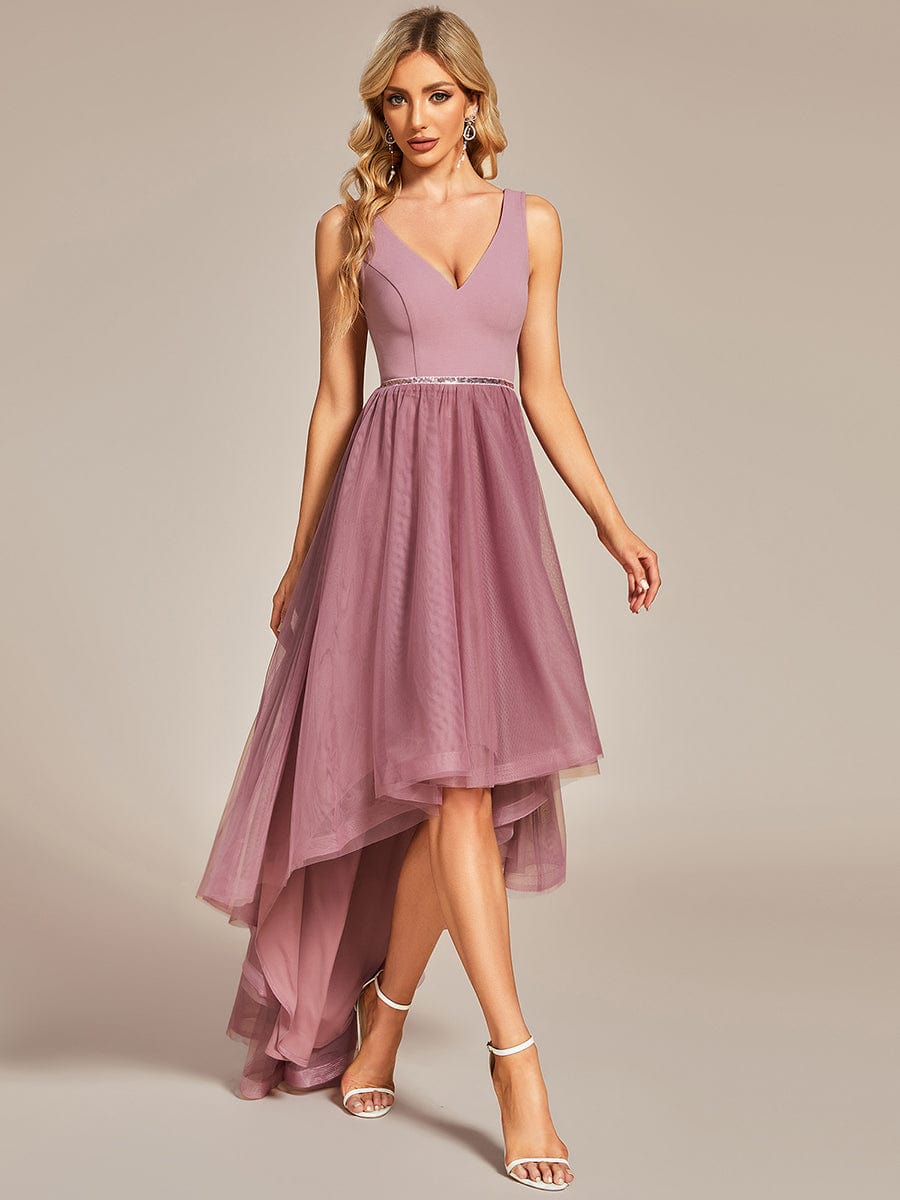 Sleeveless Tulle High Low Prom Dress with Waist Chain #color_Purple Orchid