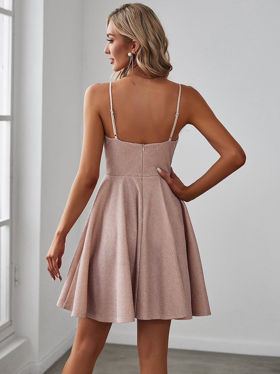Fancy Shiny Deep V Neck Above Knee Length Prom Dress #color_Blush 
