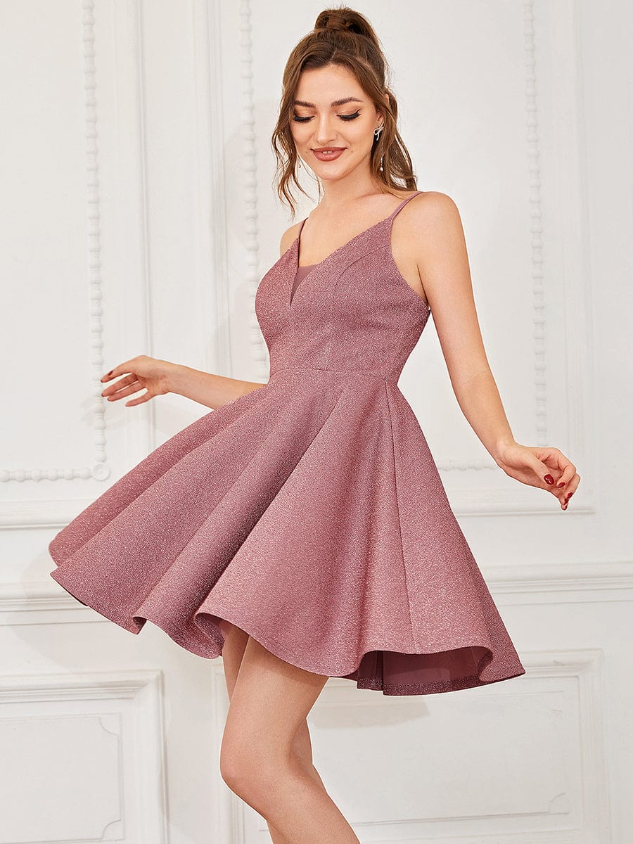 Fancy Shiny Deep V Neck Above Knee Length Prom Dress #color_Purple Orchid 