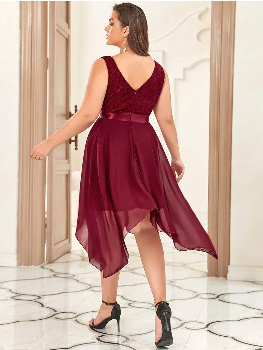 Stunning V Neck Lace Asymmetrical Hems Dress for Women #color_Burgundy