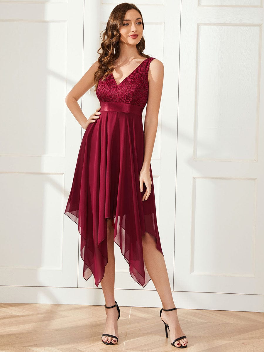 Stunning V Neck Lace Asymmetrical Hems Dress for Women #color_Burgundy
