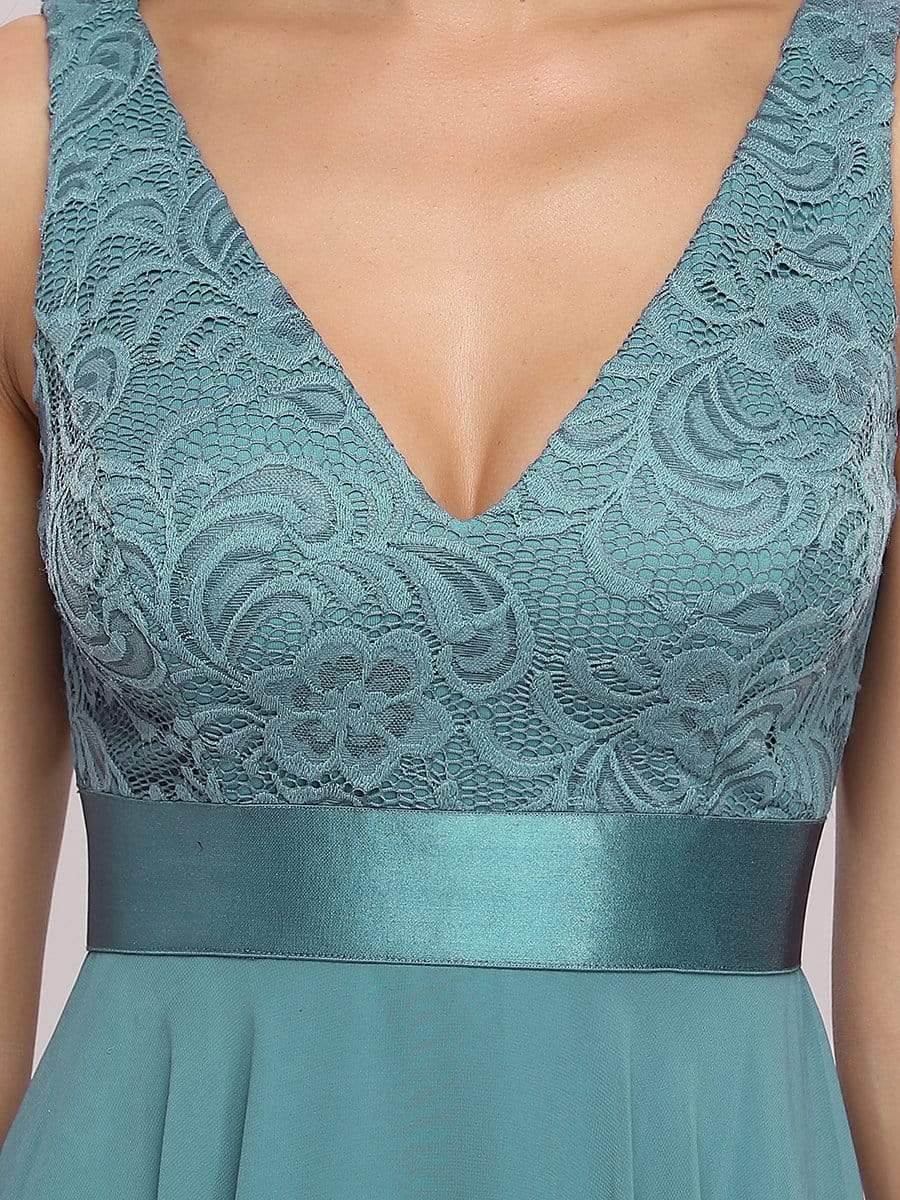 Stunning V Neck Lace Asymmetrical Hems Dress for Women #color_Dusty Blue