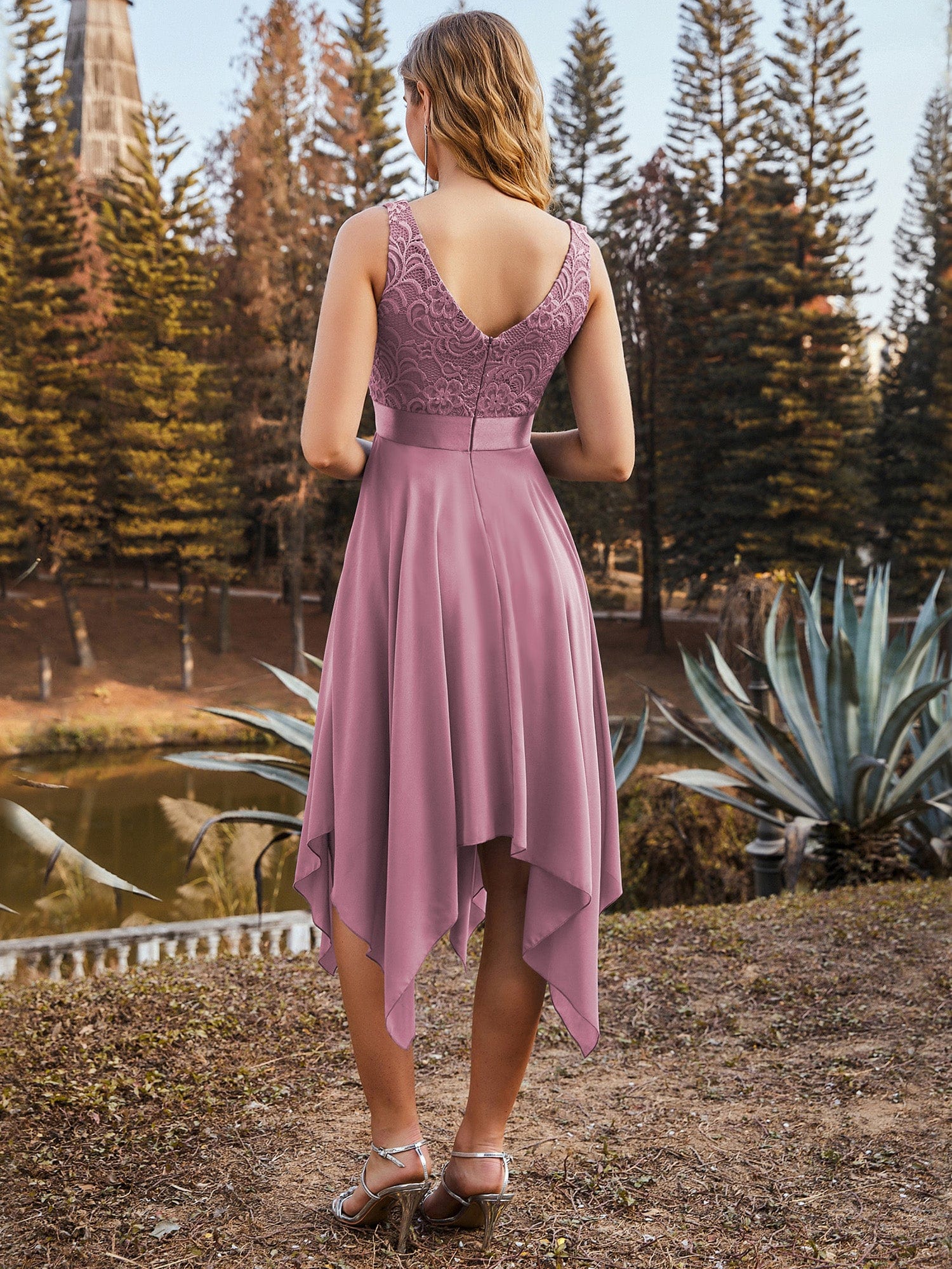 Deep V-Neck Lace Chiffon Bridesmaid Dress with Asymmetrical Hem #color_Purple Orchid