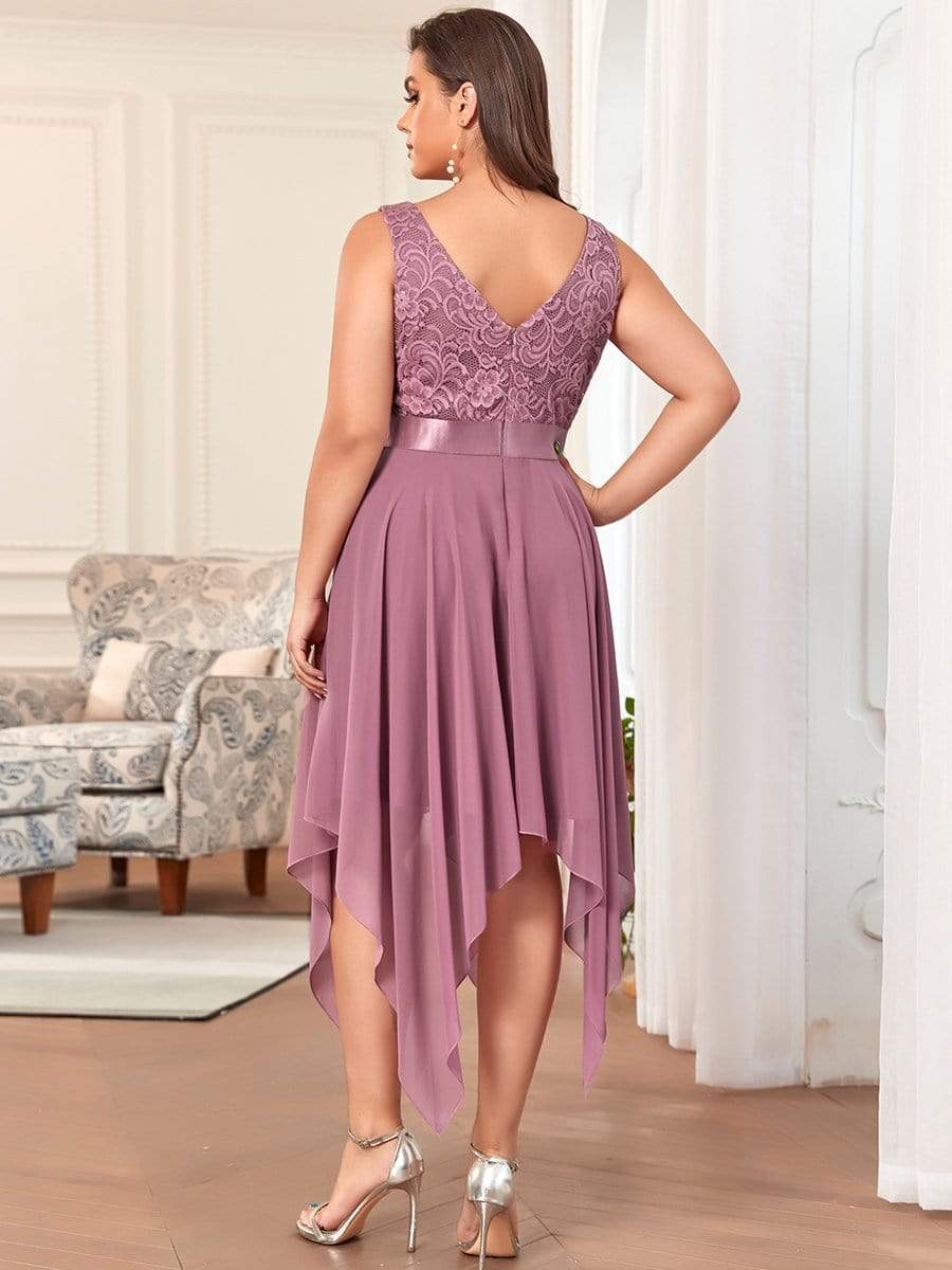 Stunning V Neck Lace Asymmetrical Hems Dress for Women #color_Purple Orchid