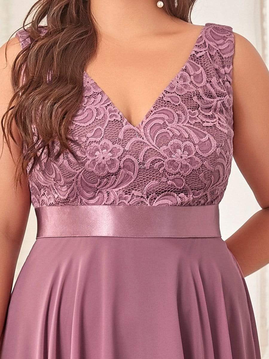 Stunning V Neck Lace Asymmetrical Hems Dress for Women #color_Purple Orchid