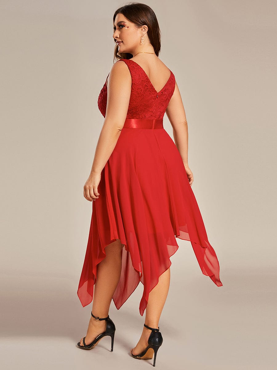 Stunning V Neck Lace Asymmetrical Hems Dress for Women #color_Red