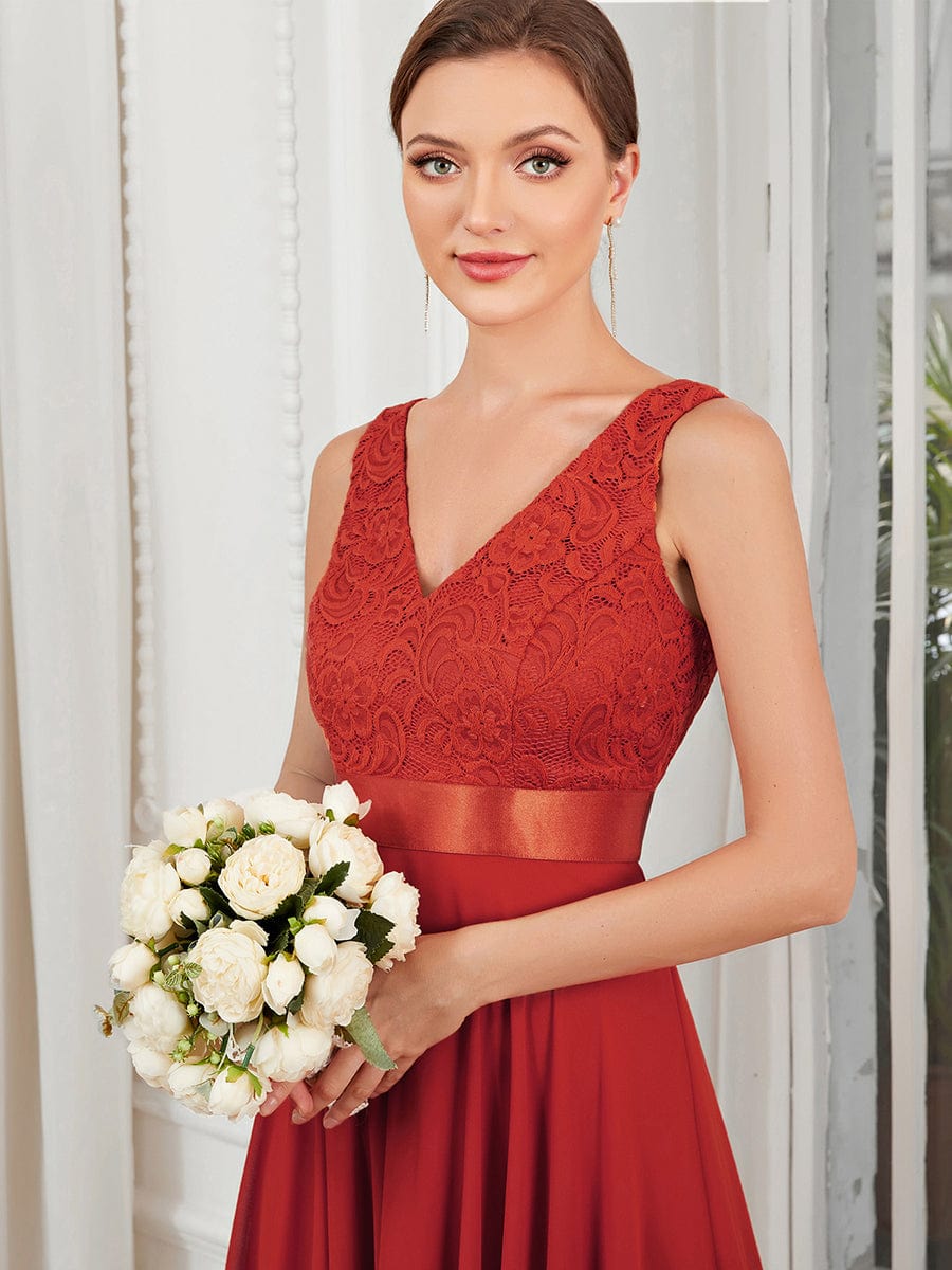 Stunning V Neck Lace Asymmetrical Hems Dress for Women #color_Red