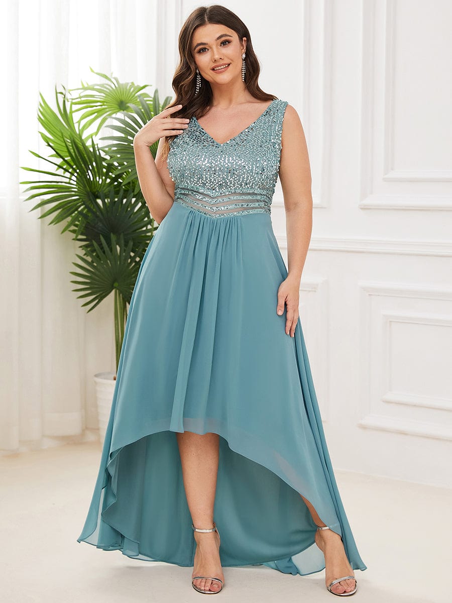 Elegant Paillette & Chiffon V-Neck A-Line Sleeveless Plus Size Evening Dresses #color_Light Teal