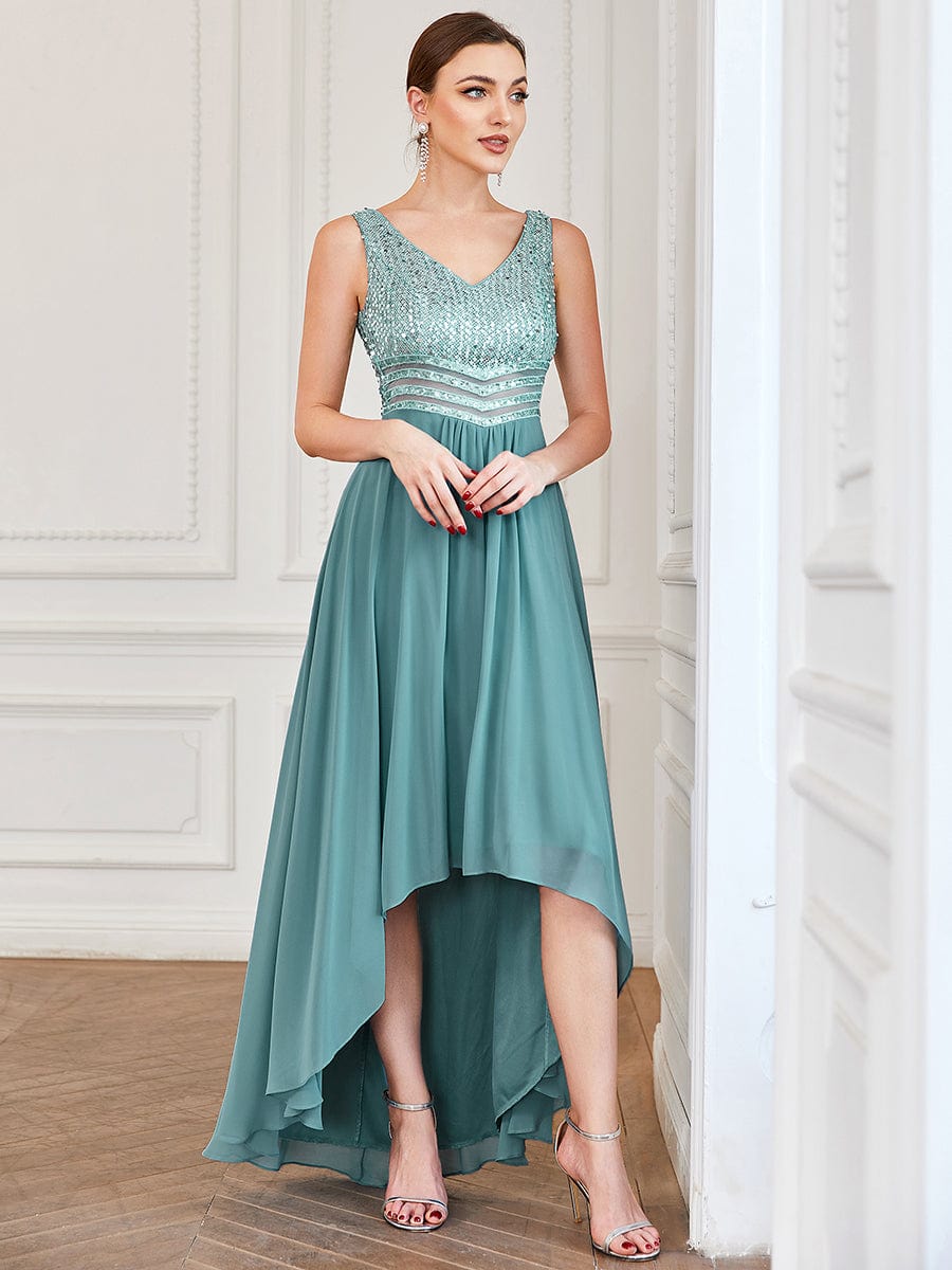 Elegant Paillette & Chiffon V-Neck A-Line Sleeveless Plus Size Evening Dresses #color_Light Teal