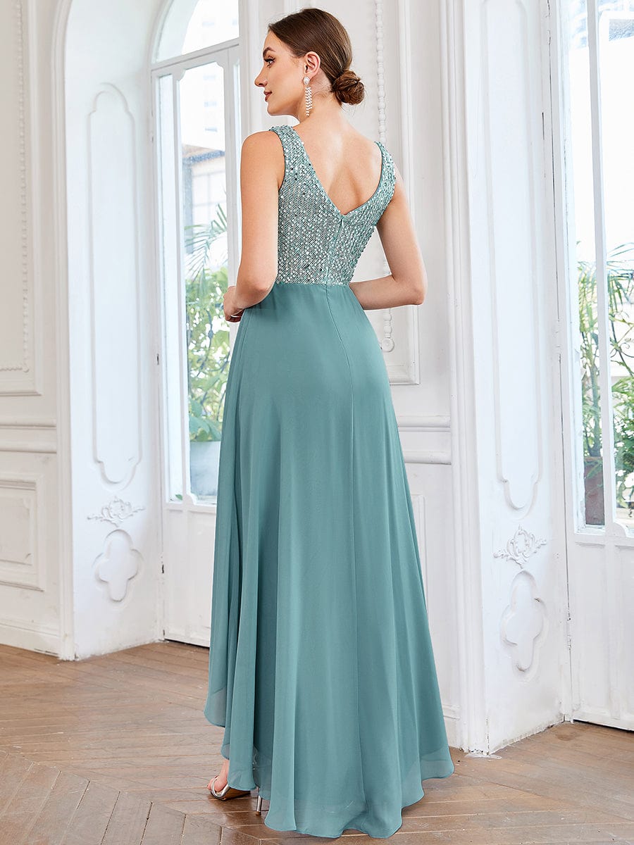 Elegant Paillette & Chiffon V-Neck A-Line Sleeveless Plus Size Evening Dresses #color_Light Teal