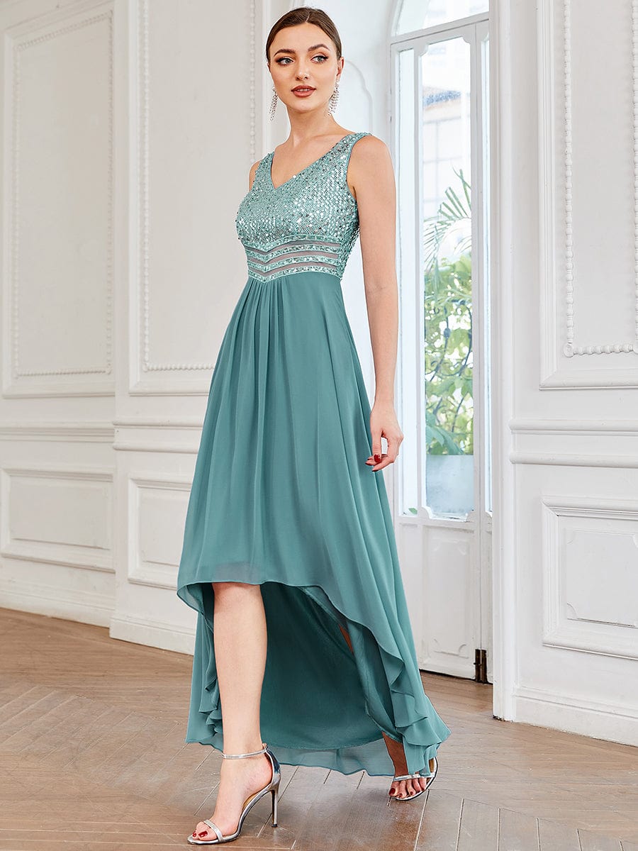 Elegant Paillette & Chiffon V-Neck A-Line Sleeveless Plus Size Evening Dresses #color_Light Teal