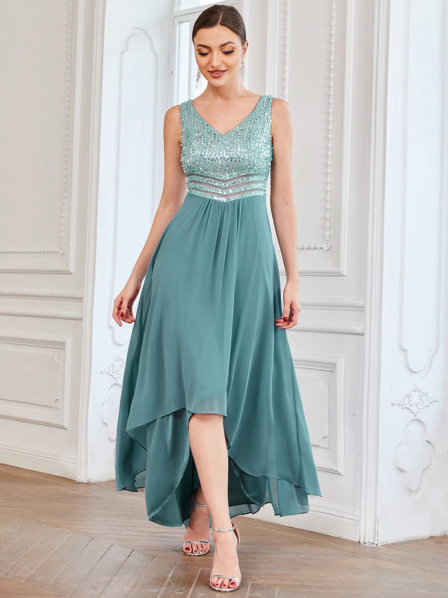 Elegant Paillette & Chiffon V-Neck A-Line Sleeveless Plus Size Evening Dresses #color_Light Teal