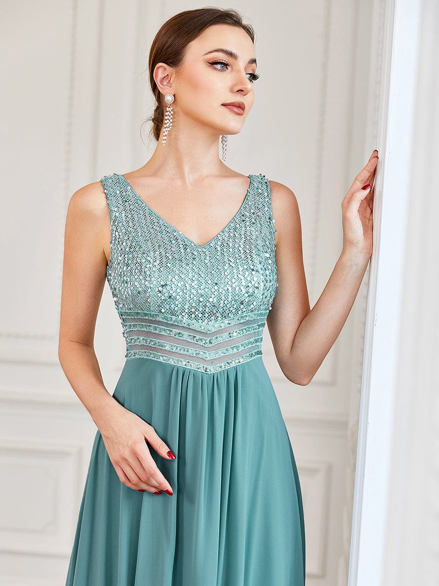 Elegant Paillette & Chiffon V-Neck A-Line Sleeveless Plus Size Evening Dresses #color_Light Teal