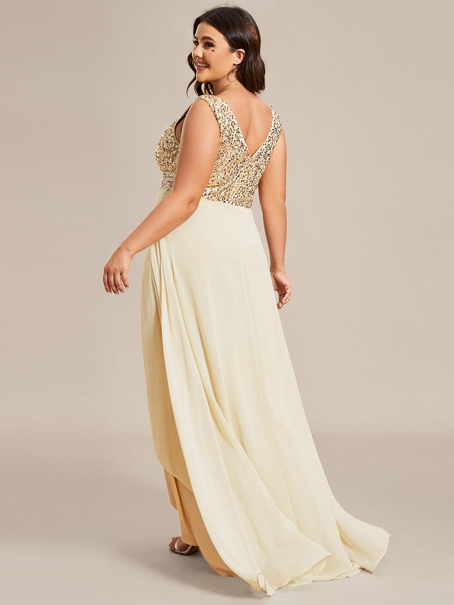 Elegant Paillette & Chiffon V-Neck A-Line Sleeveless Plus Size Evening Dresses #color_Gold