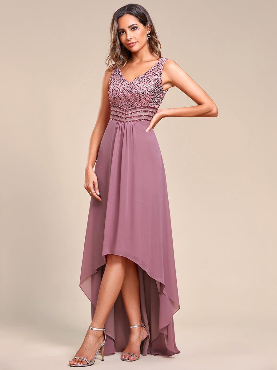 Elegant Paillette & Chiffon V-Neck A-Line Sleeveless Plus Size Evening Dresses #color_Purple Orchid