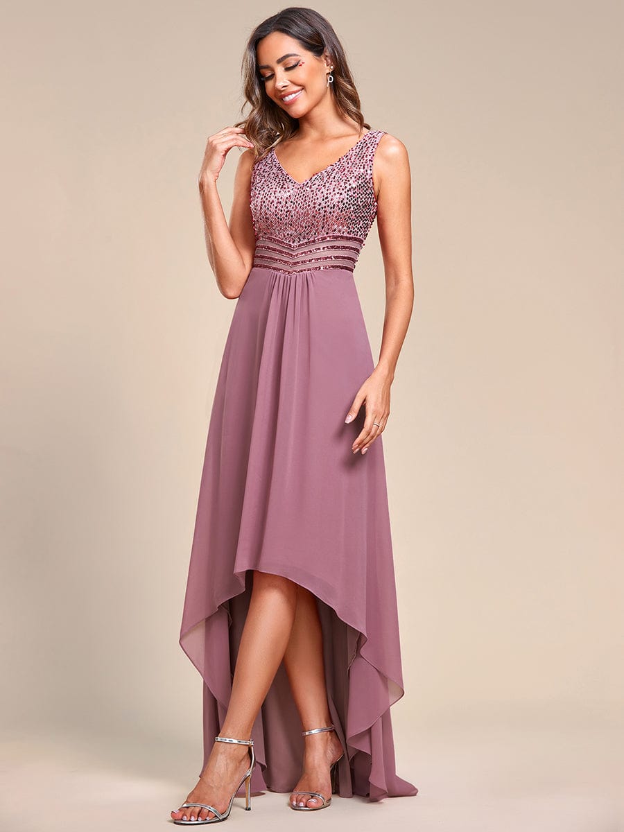 Elegant Paillette & Chiffon V-Neck A-Line Sleeveless Plus Size Evening Dresses #color_Purple Orchid