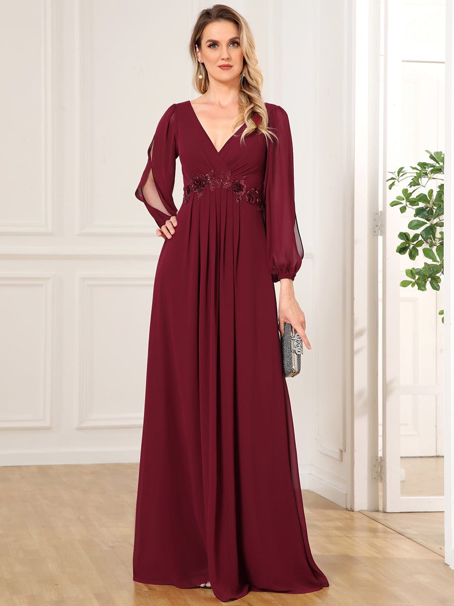 Elegant Chiffon V-Neckline Long Sleeve Formal Evening Dress #color_Burgundy