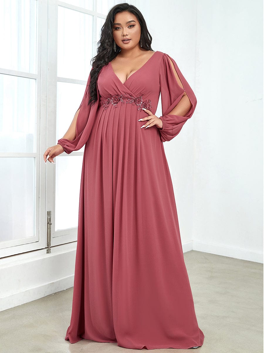 Elegant Chiffon V-Neckline Long Sleeve Formal Evening Dress #color_Cameo Brown