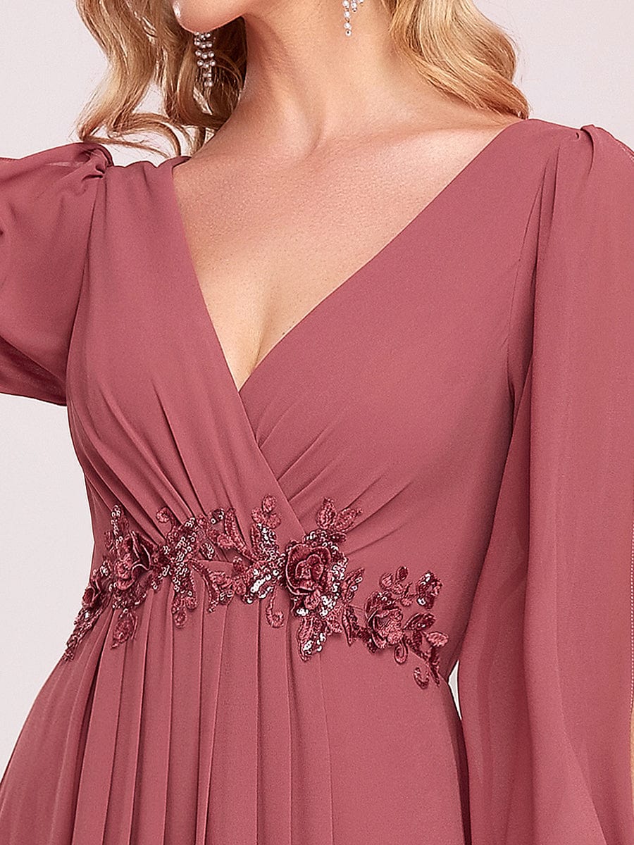 Elegant Chiffon V-Neckline Long Sleeve Formal Evening Dress #color_Cameo Brown