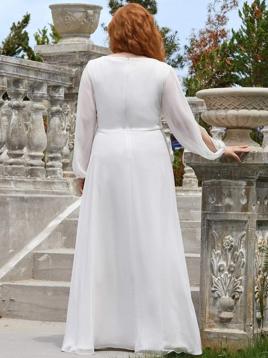Elegant Chiffon V-Neckline Long Sleeve Formal Evening Dress #color_Cream