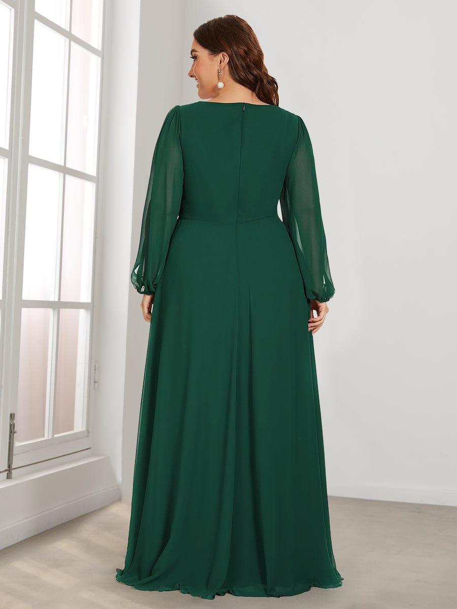 Custom Size Chiffon V-Neckline Long Sleeve Formal Evening Dress #color_Dark Green