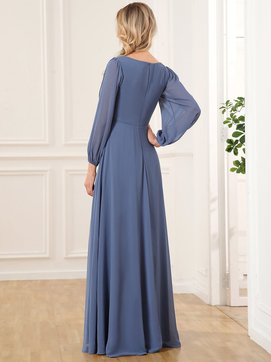 Elegant Chiffon V-Neckline Long Sleeve Formal Evening Dress #color_Dusty Navy