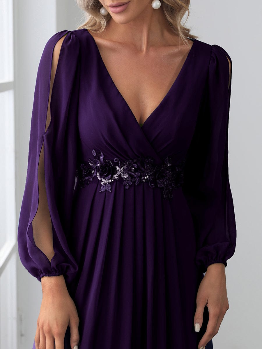 Elegant Chiffon V-Neckline Long Sleeve Formal Evening Dress #color_Dark Purple