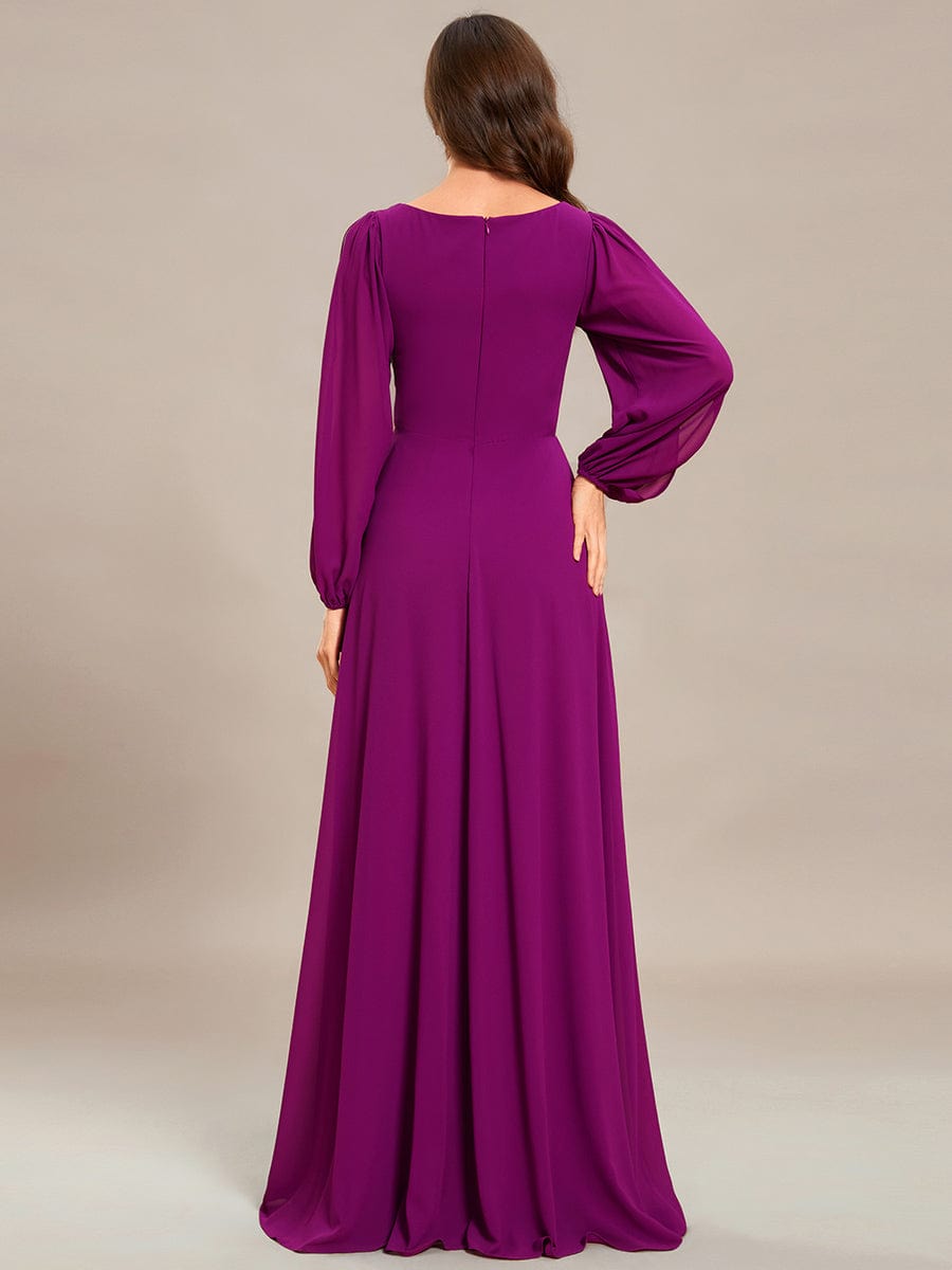 Elegant Chiffon V-Neckline Long Sleeve Formal Evening Dress #color_Fuchsia
