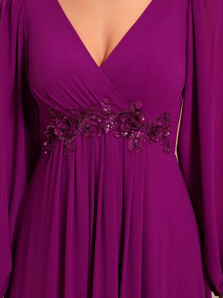 Elegant Chiffon V-Neckline Long Sleeve Formal Evening Dress #color_Fuchsia