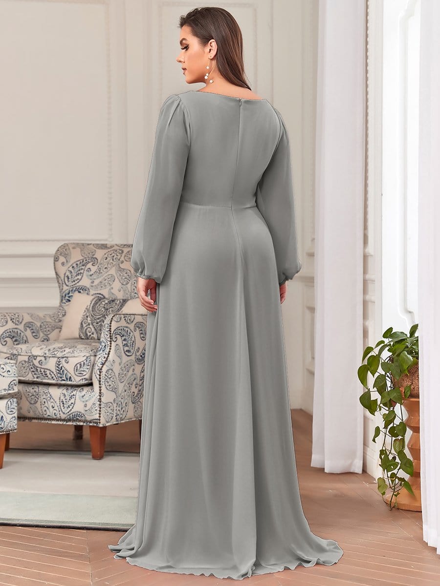 Elegant Chiffon V-Neckline Long Sleeve Formal Evening Dress #color_Grey