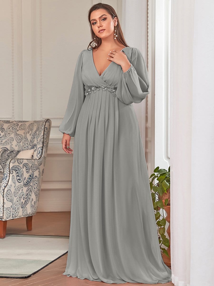 Elegant Chiffon V-Neckline Long Sleeve Formal Evening Dress #color_Grey