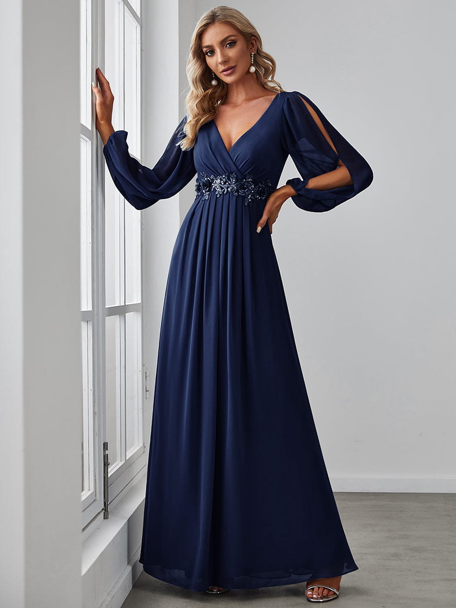 Elegant Chiffon V-Neckline Long Sleeve Formal Evening Dress #color_Navy Blue