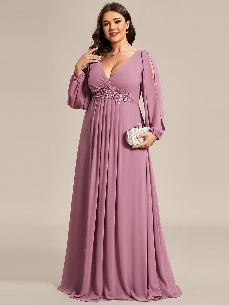 Stylish Plus Size Chiffon Formal Evening Dresses with Long Lantern Sleeves #color_Purple Orchid