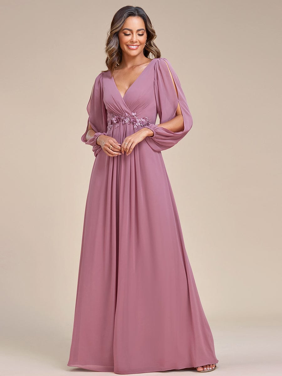 Elegant Chiffon V-Neckline Long Sleeve Formal Evening Dress #color_Purple Orchid