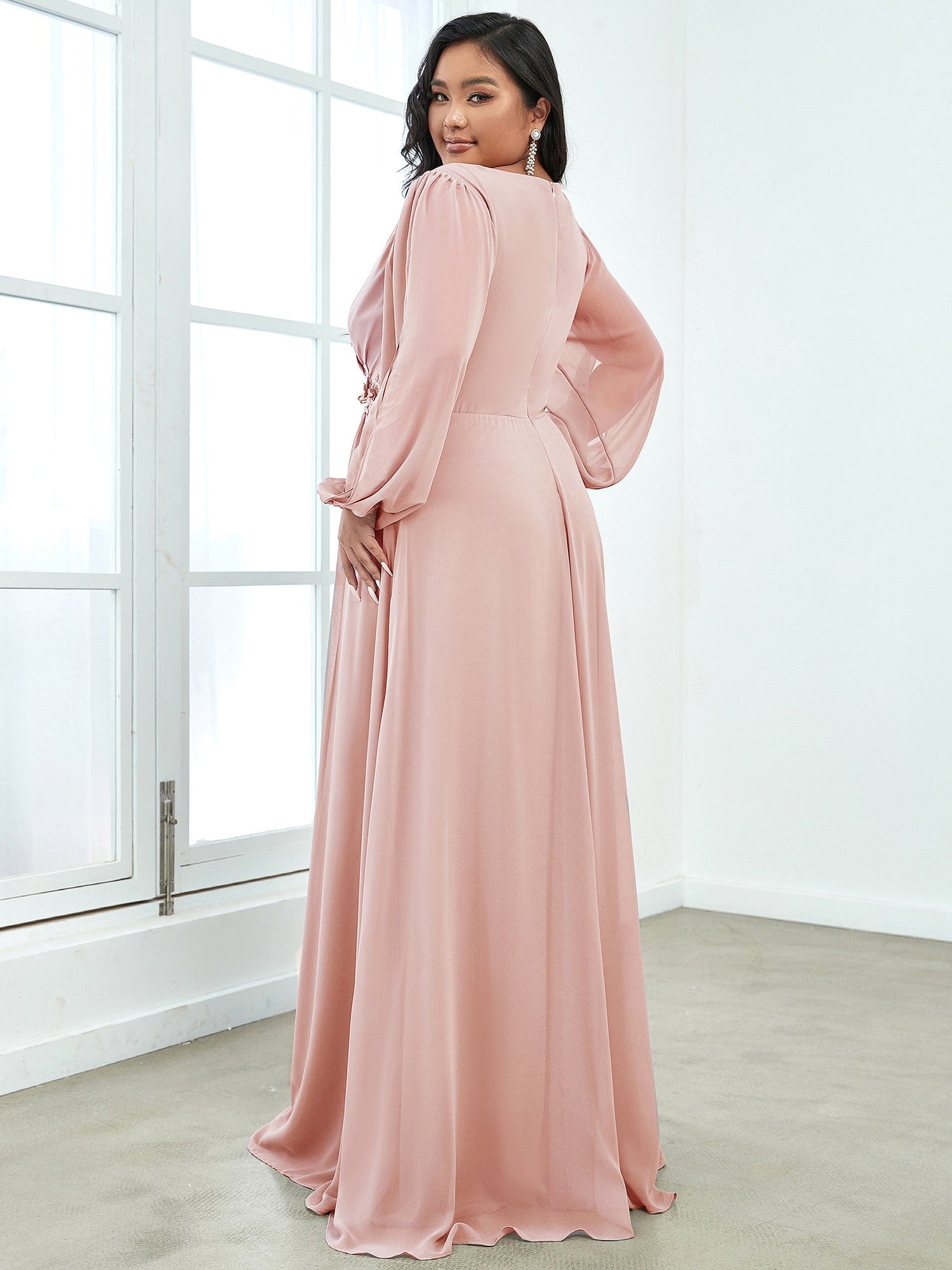 Custom Size Chiffon V-Neckline Long Sleeve Formal Evening Dress #color_Pink