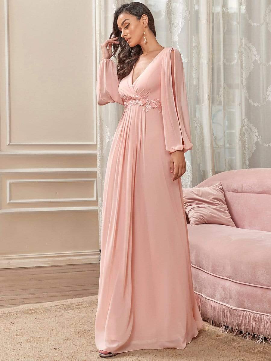 Elegant Chiffon V-Neckline Long Sleeve Formal Evening Dress #color_Pink