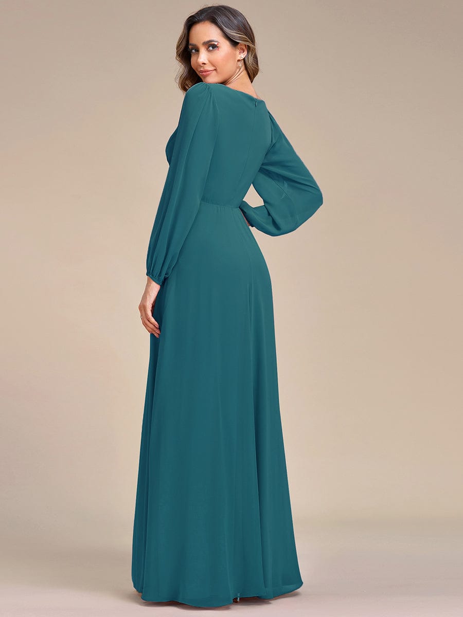 Elegant Chiffon V-Neckline Long Sleeve Formal Evening Dress #color_Teal