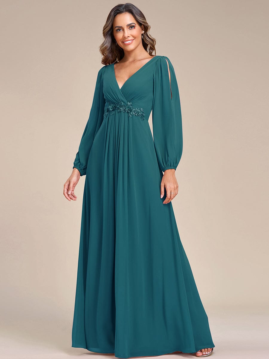 Elegant Chiffon V-Neckline Long Sleeve Formal Evening Dress #color_Teal