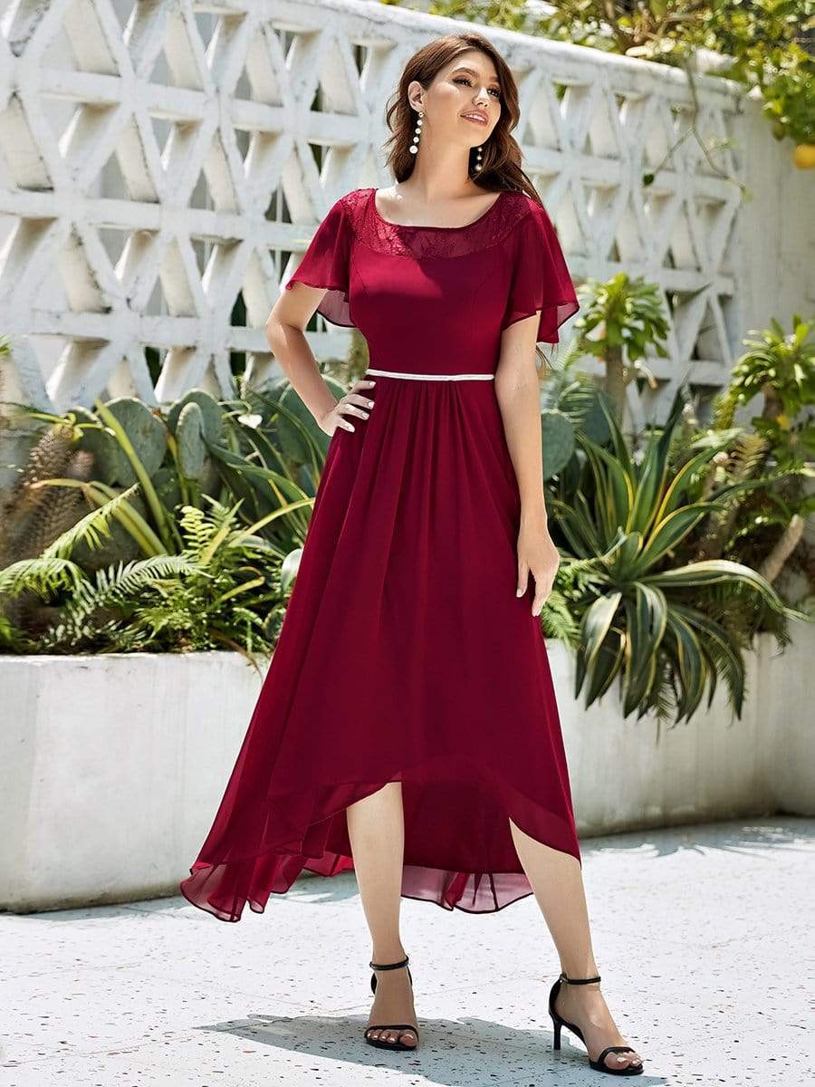 Custom Size Casual Boat Neck A-Line Midi Dress with Irregular Hem #color_Burgundy 