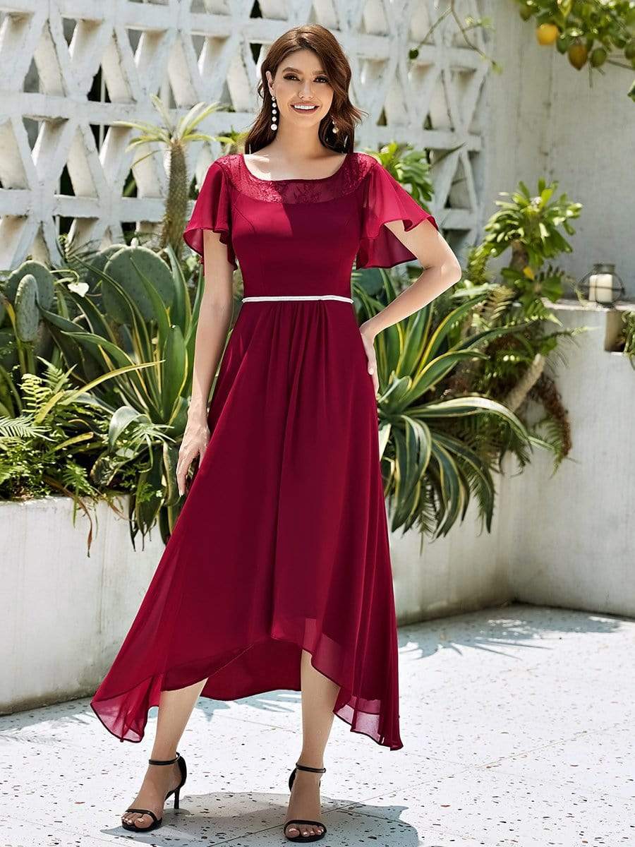 Custom Size Casual Boat Neck A-Line Midi Dress with Irregular Hem #color_Burgundy 