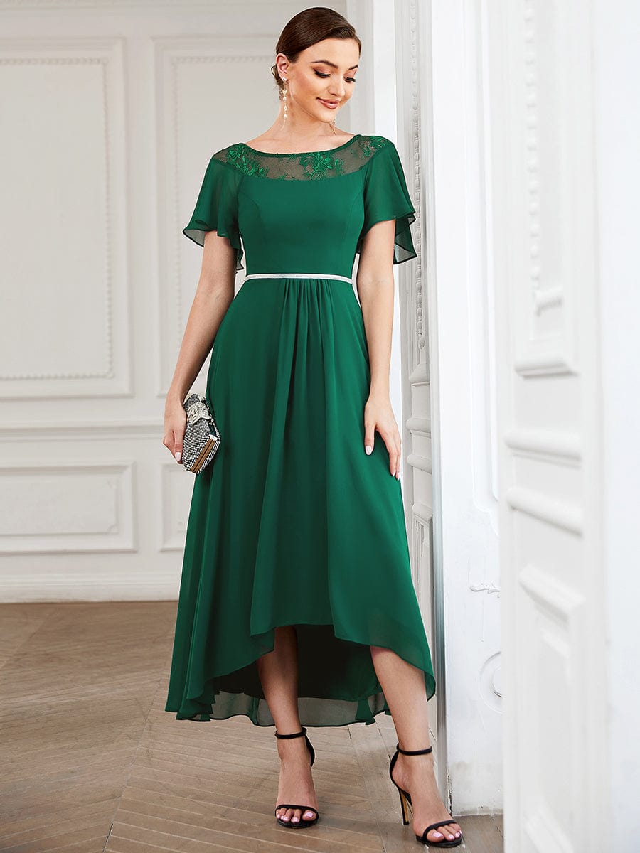 Chiffon Ruffle Sleeves Asymmetrical Hem Mother of the Bride Dress #color_Dark Green