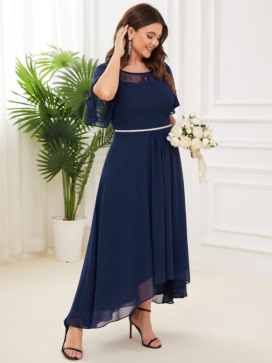 Chiffon Ruffle Sleeves Asymmetrical Hem Mother of the Bride Dress #color_Navy Blue