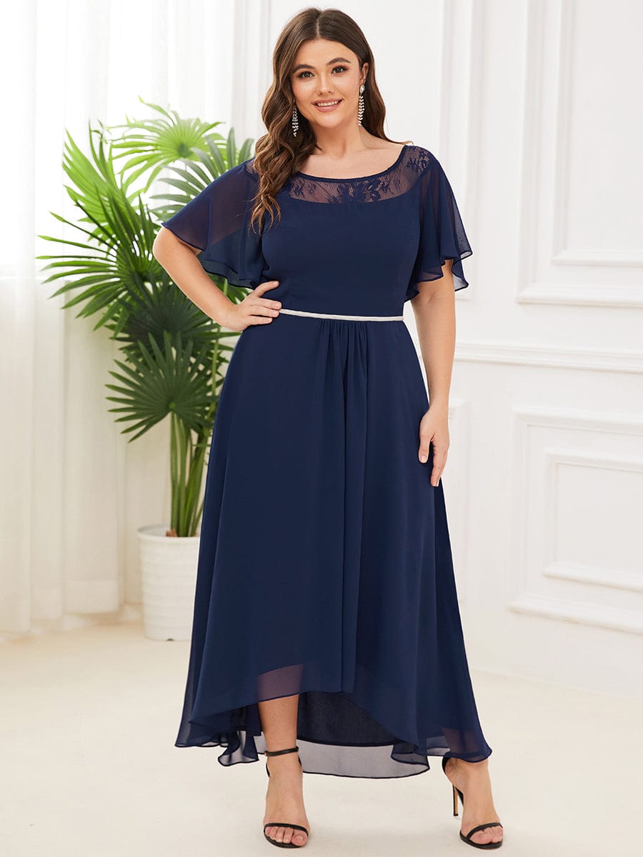 Chiffon Ruffle Sleeves Asymmetrical Hem Mother of the Bride Dress #color_Navy Blue