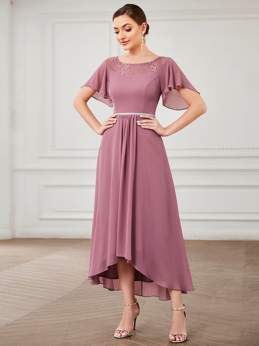 Chiffon Ruffle Sleeves Asymmetrical Hem Mother of the Bride Dress #color_Purple Orchid